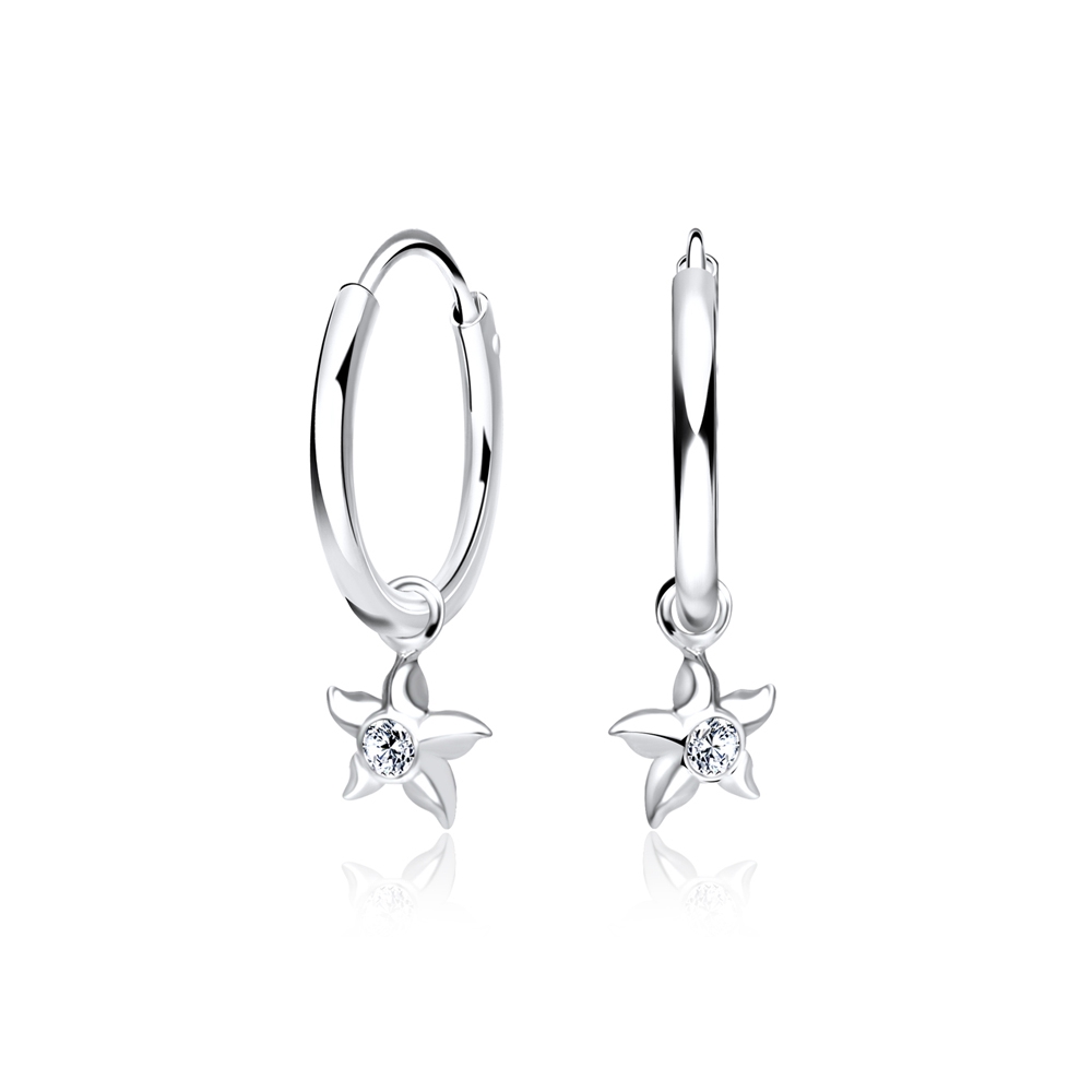 עגילי חישוק - מכסף 12 מ"מ עם פרח וקריסטל לבן