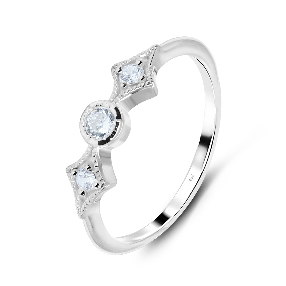 טבעת מכסף - מעויינים ועיגול עם קריסטלים לבנים