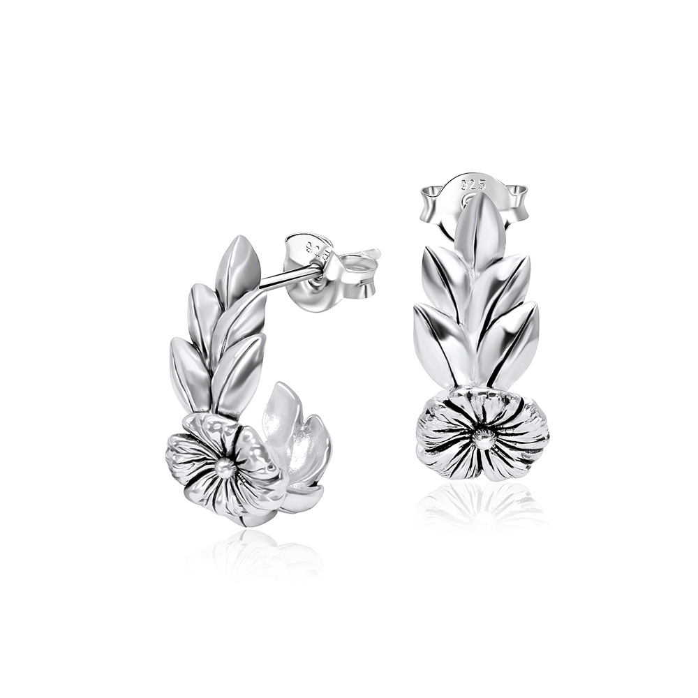 עגילים צמודים מכסף קשת עם פרחים