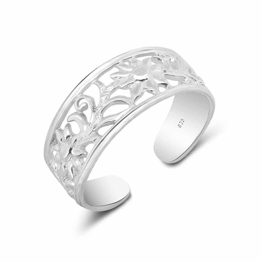 טבעת רגל מכסף - עיטור פרח ועלים