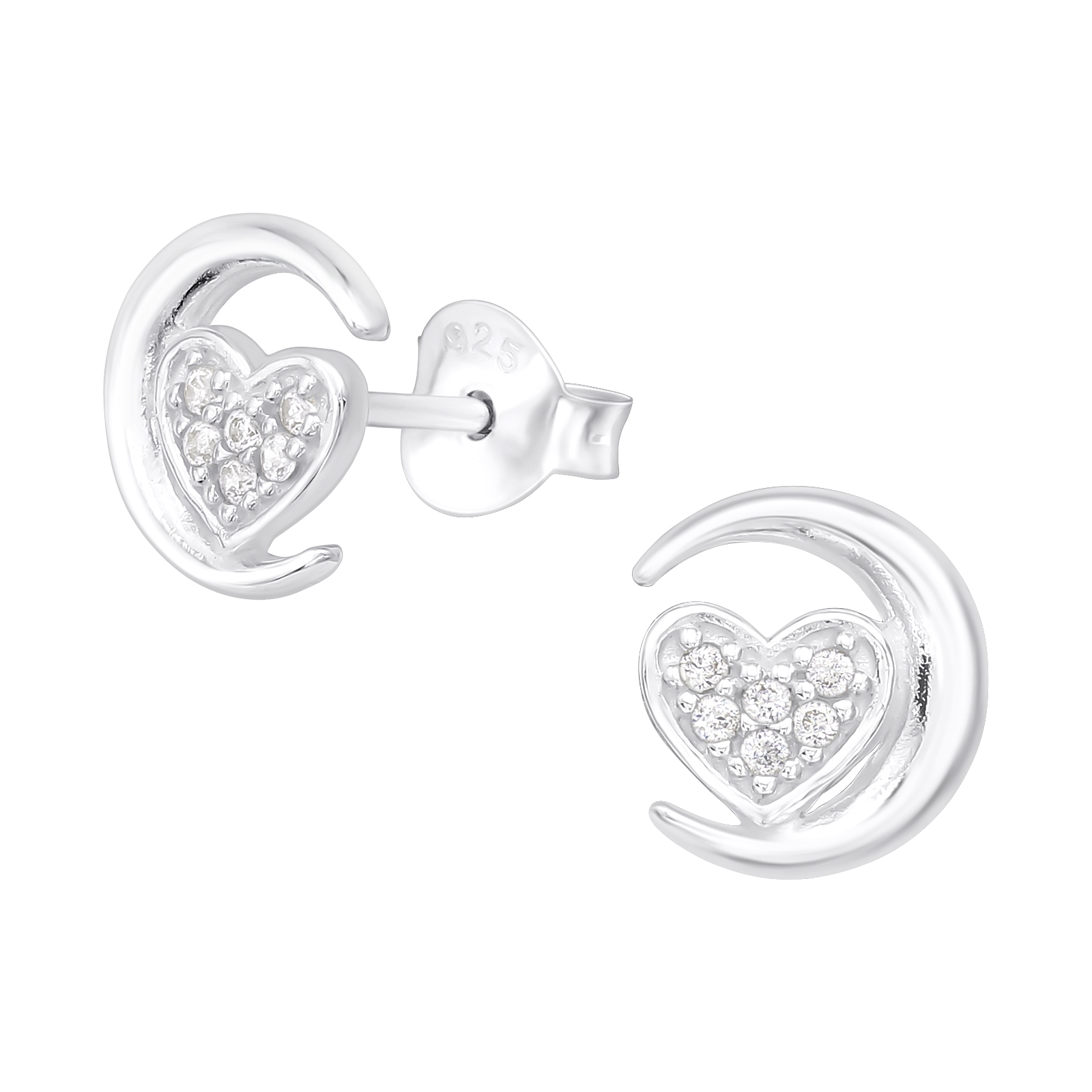 עגילי סטד מכסף ירח ולב עם קריסטלים לבנים