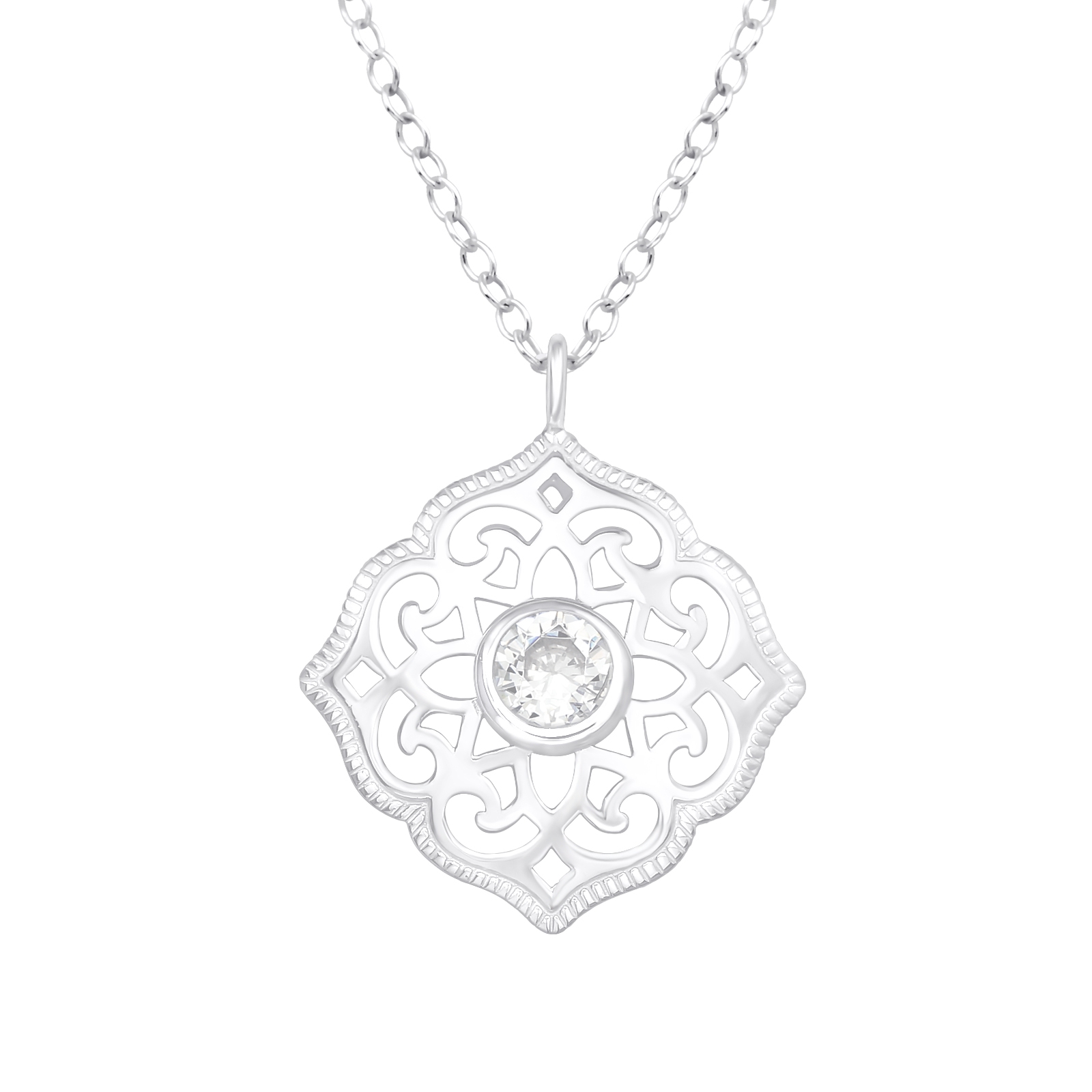 שרשרת מכסף - פרח דמוי מנדלה עם קריסטל לבן