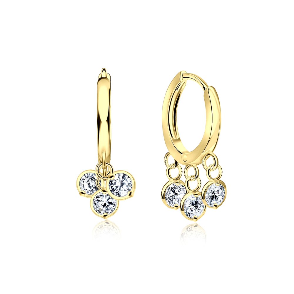 זוג עגילי חישוק האגיס (עגיל בודד) 8 מ"מ מכסף וציפוי זהב עם 3 קריסטלים עגולים תלויים לבנים