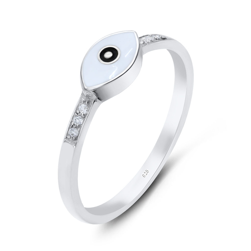 טבעת מכסף - אמייל לבנה עין וקריסטלים לבנים משובצים