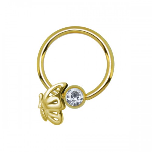 עגיל טבעת לחץ הליקס / טראגוס -ציפוי זהב פרפר וקריסטל לבן