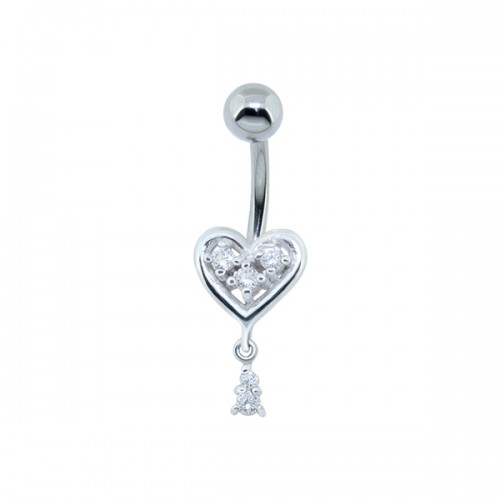 עגיל פירסינג בטבור - לב וקריסטלים לבנים