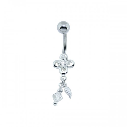 עגיל פירסינג בטבור - פרח קטן וקריסטל לבן עלה וחרוז