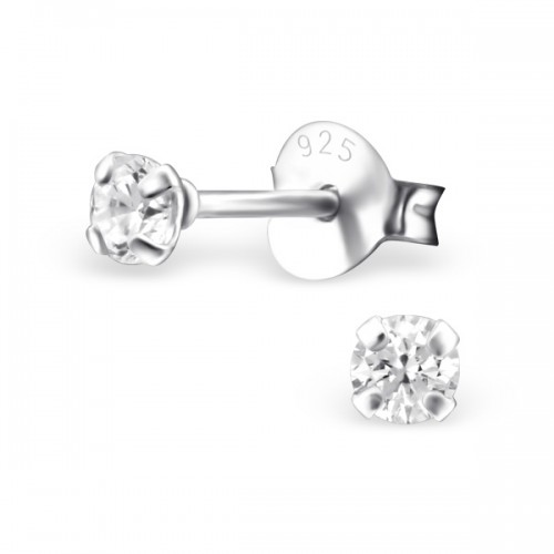 עגילים צמודים מכסף - עיגול משובץ קריסטל לבן 2.5 ממ