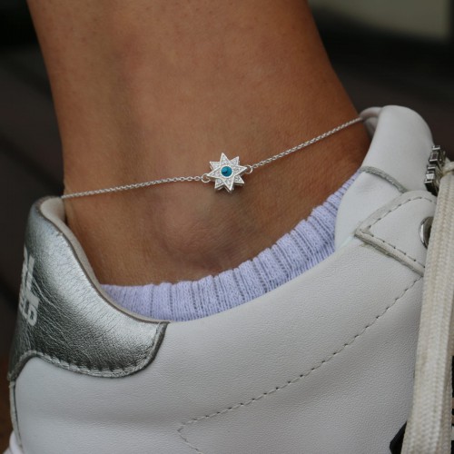 צמיד רגל מכסף - כוכב עם קריסטלים לבנים ואופל כחול