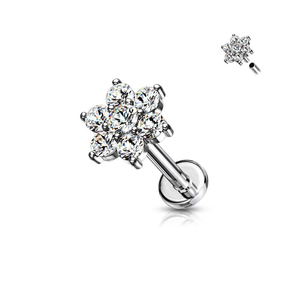 עגיל פירסינג טראגוס / הליקס / קונץ' / פלאט - פרח עם קריסטלים לבנים