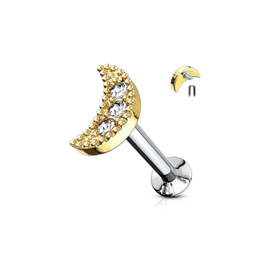 עגיל פירסינג טראגוס / הליקס / קונץ' / פלאט מציפוי זהב - ירח וקריסטלים לבנים
