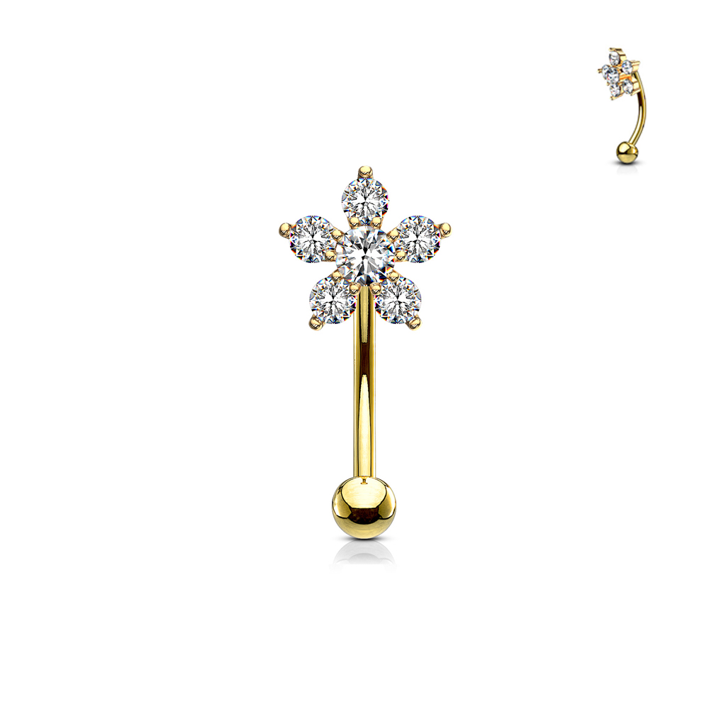 עגיל פירסינג בגבה / טבור מציפוי זהב - פרח וקריסטלים לבנים