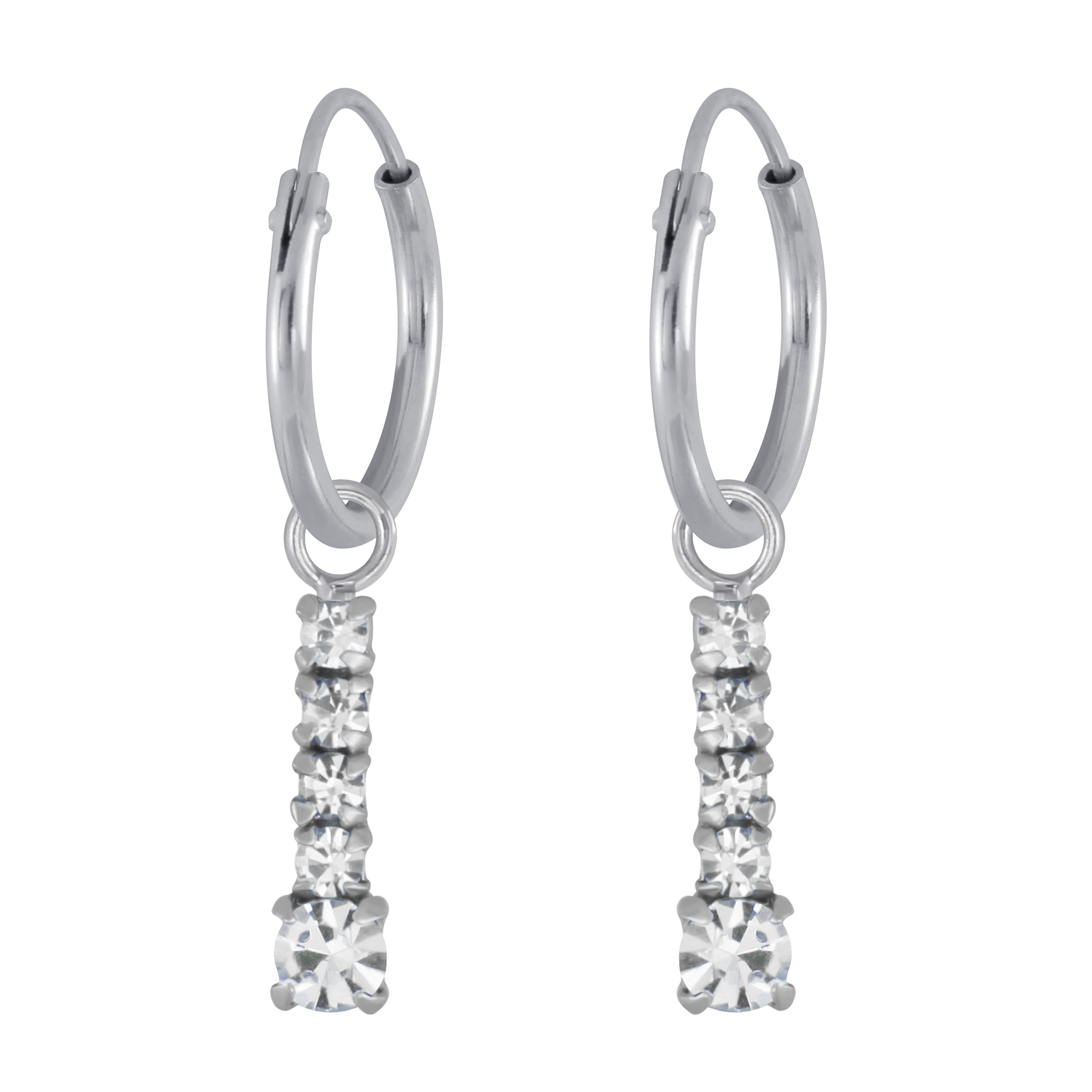 עגילי חישוק - מכסף 10 מ"מ שורת קריסטלים לבנים