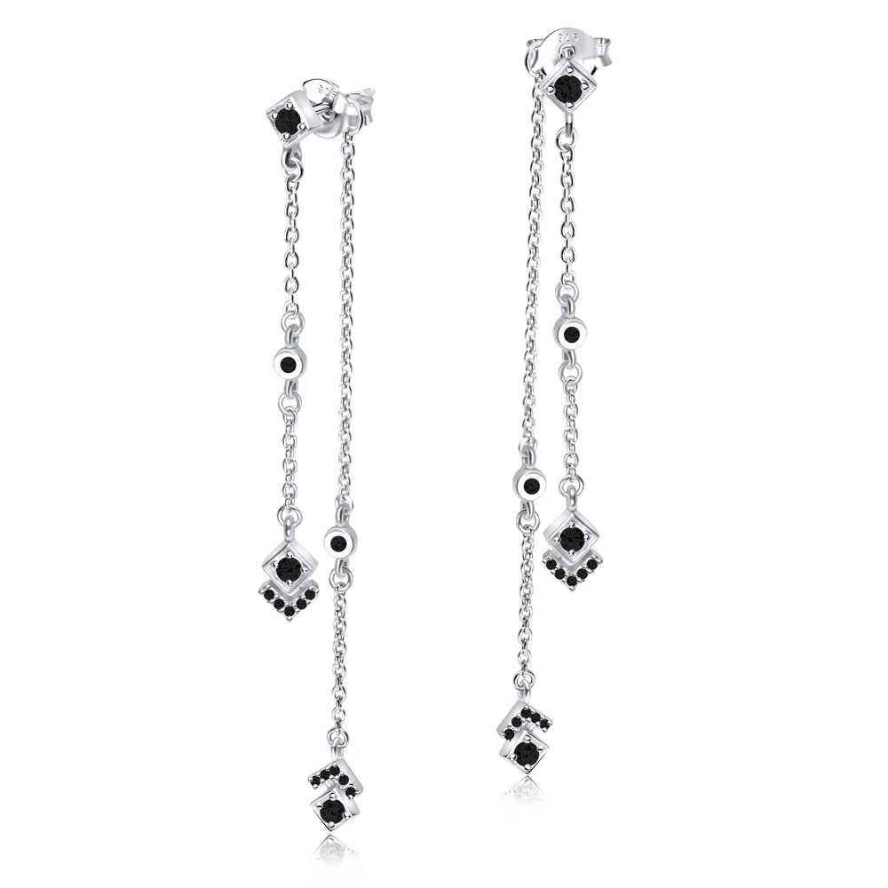 זוג עגילים צמודים מכסף - מעויינים ושתי שרשראות עם קריסטלים שחורים