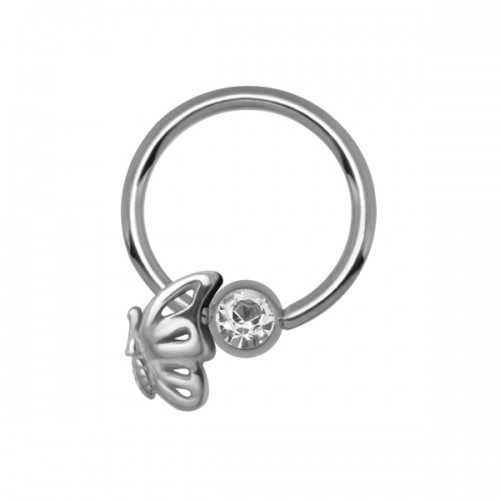 עגיל טבעת לחץ הליקס / טראגוס - פרפר מכסף וקריסטל