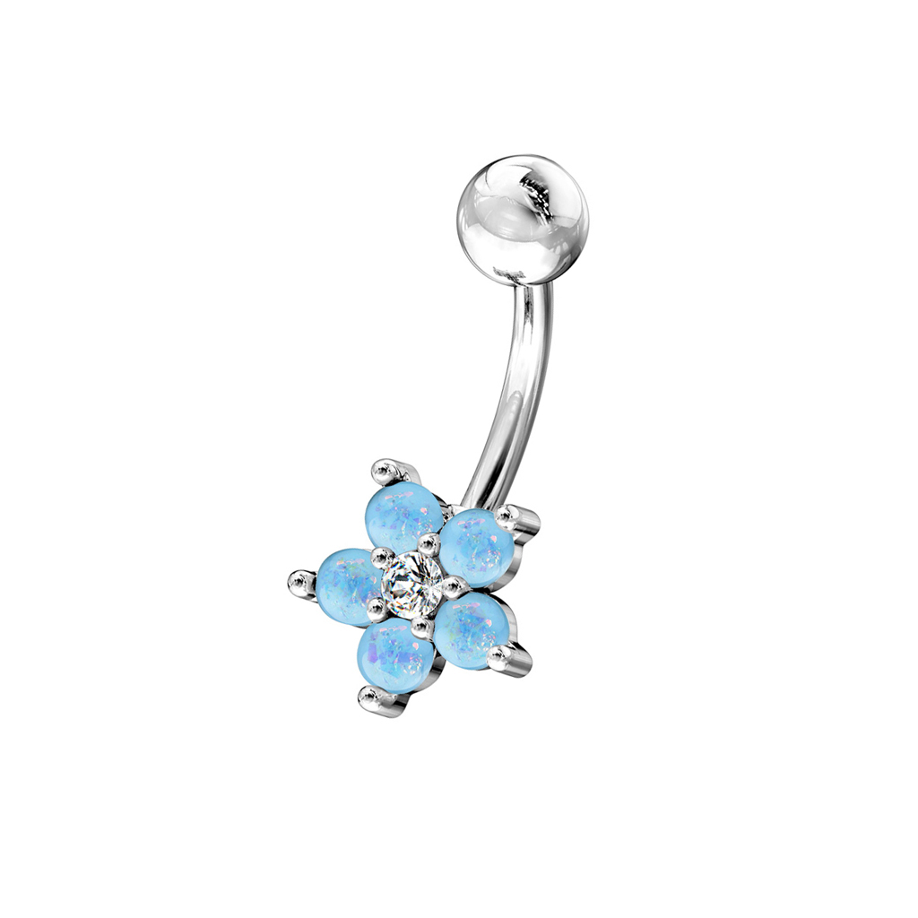 עגיל פירסינג בטבור - פרח ואופלים תכלת ולבן