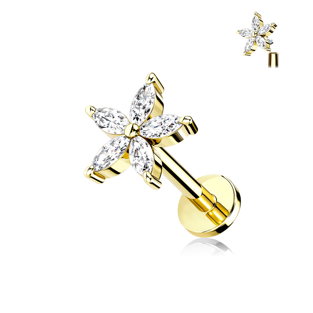 עגיל פירסינג טראגוס / הליקס / קונץ' / פלאט - מציפוי זהב מרגנית עם קריסטלים לבנים