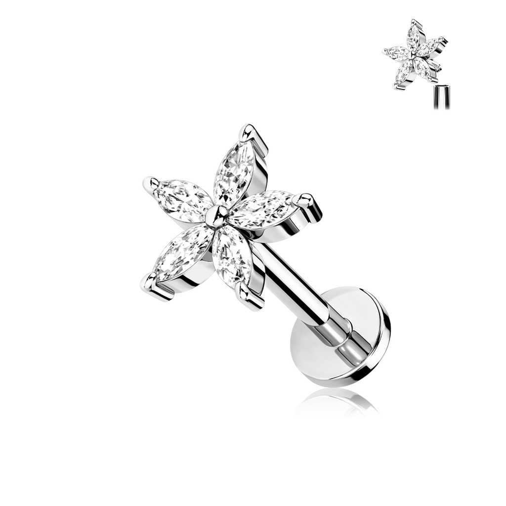 עגיל פירסינג טראגוס / הליקס / קונץ' / פלאט - מרגנית עם קריסטלים לבנים