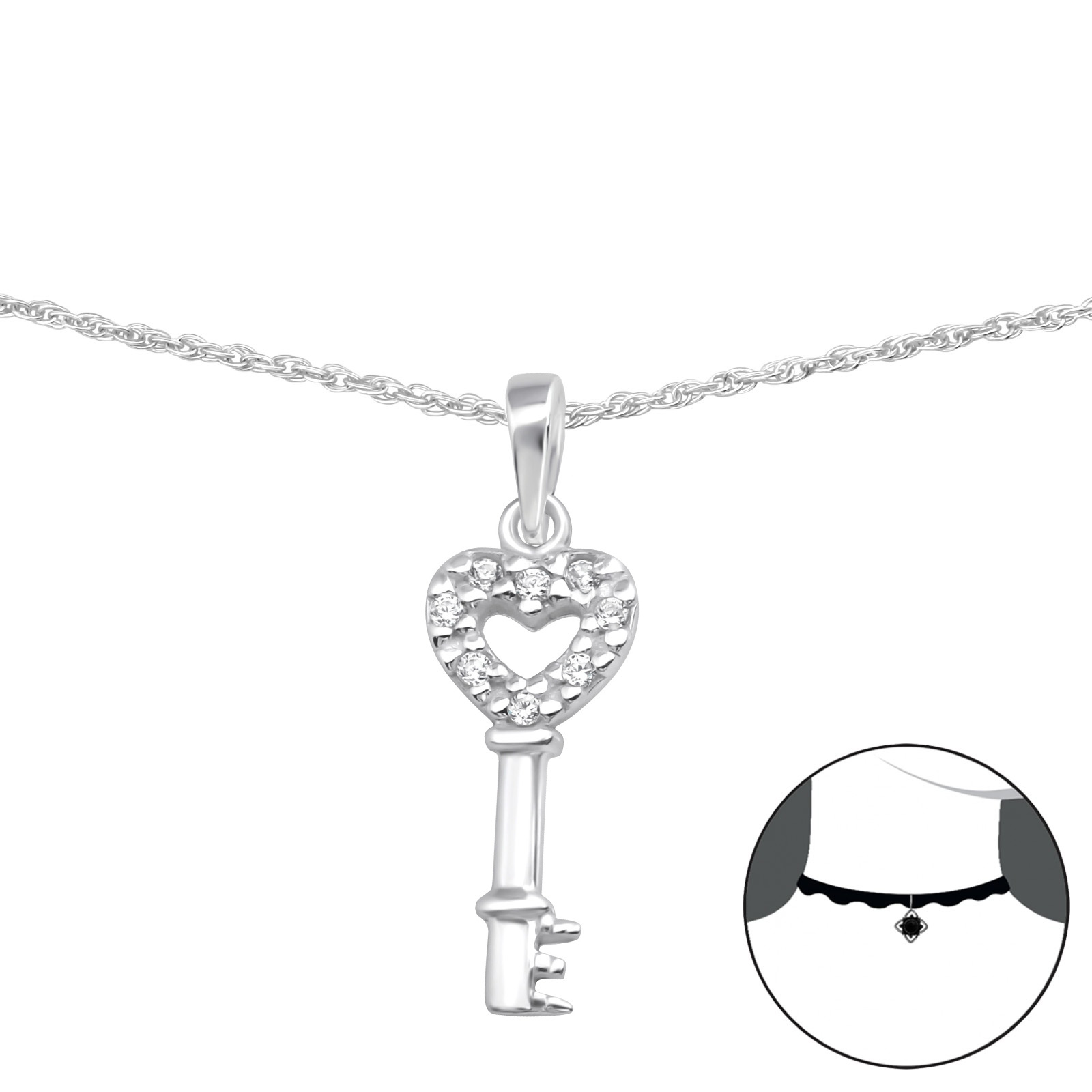 שרשרת מכסף צ'וקר - מפתח וקריסטלים לבנים