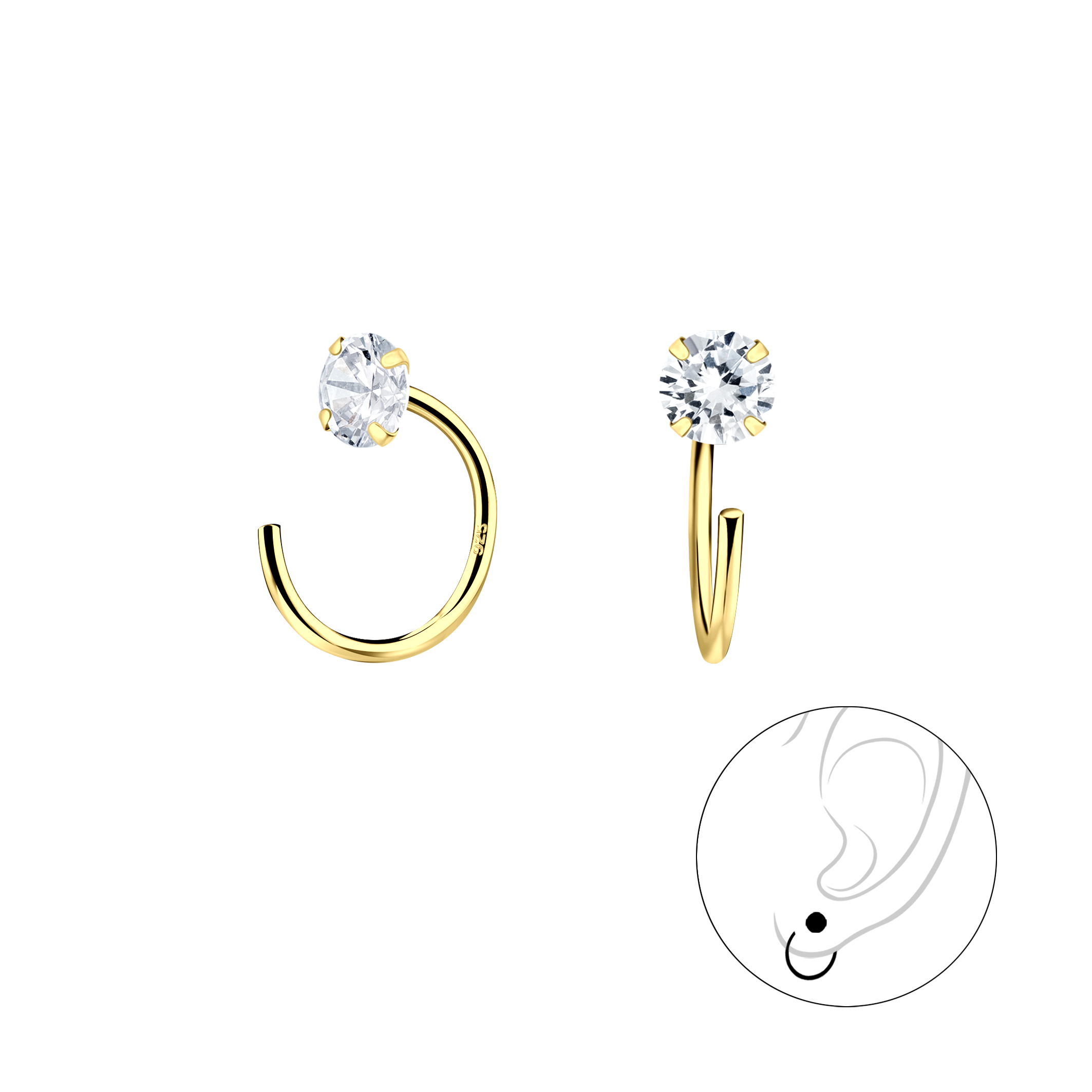 עגילי חישוק פתוח - מכסף וציפוי זהב זירקוניה לבן