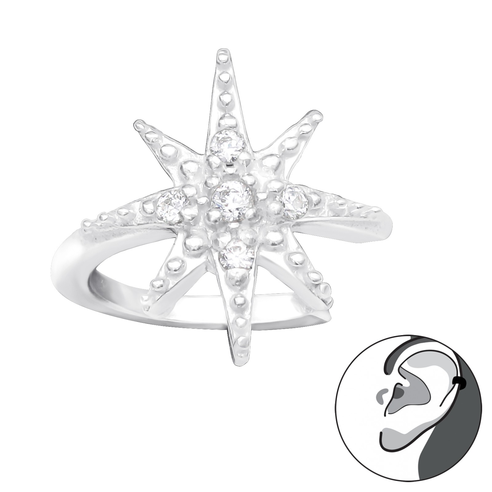 עגיל ללא חור קליפ כוכב הצפון וקריסטלים לבנים