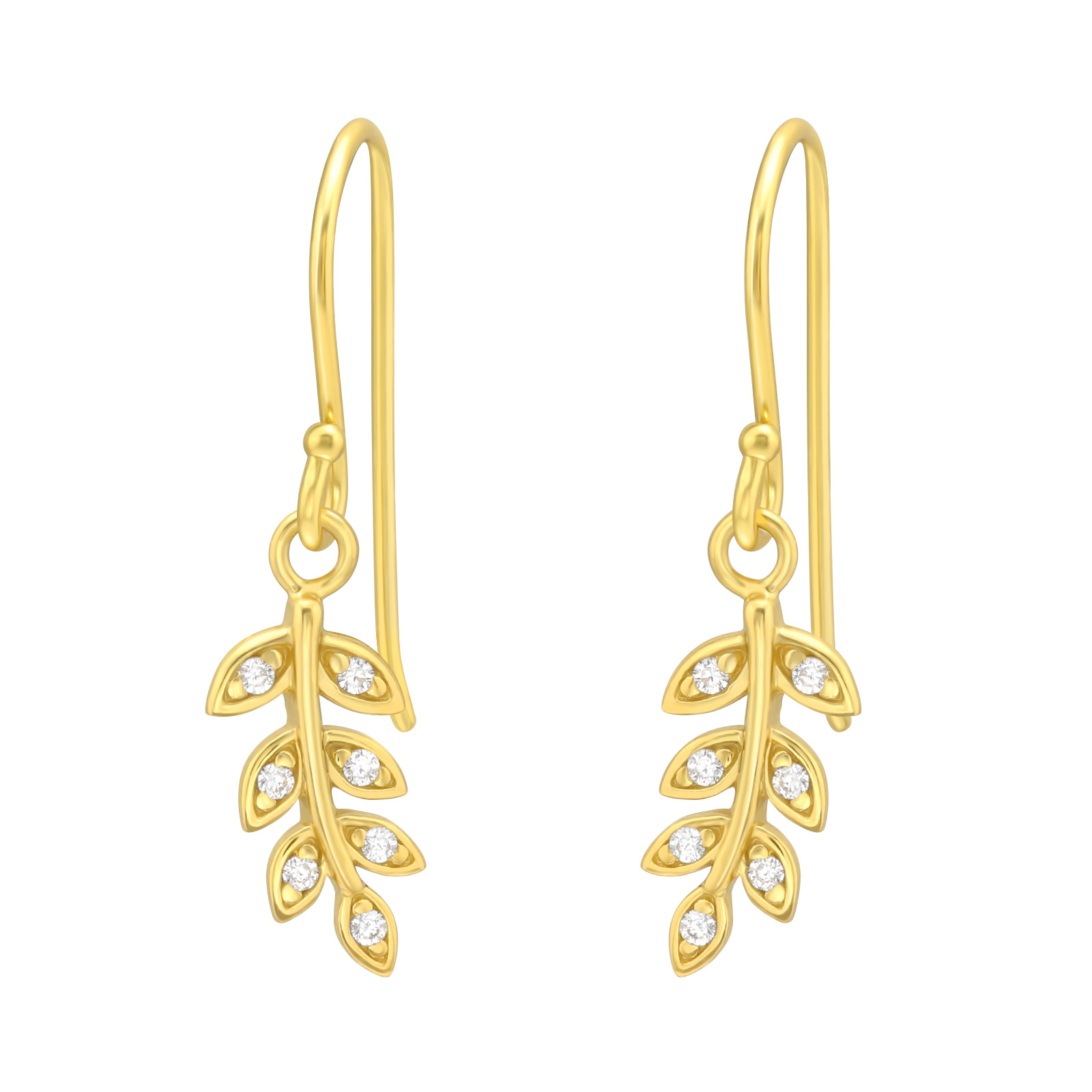 עגילים נתלים מכסף וציפוי זהב - עלים עם קריסטלים לבנים