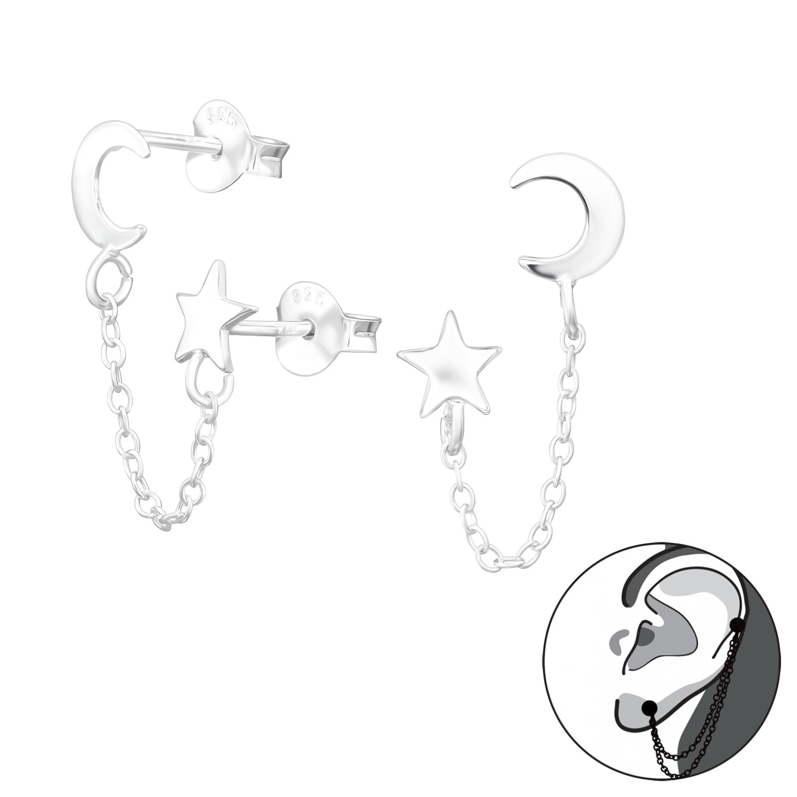 עגיל שרשרת מכסף 925 - ירח וכוכב