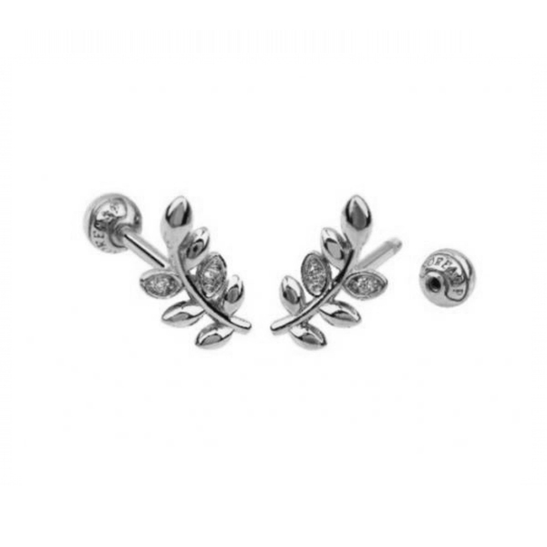 עגיל זהב לבן הליקס - גבעול ועלים עם קריסטלים לבנים