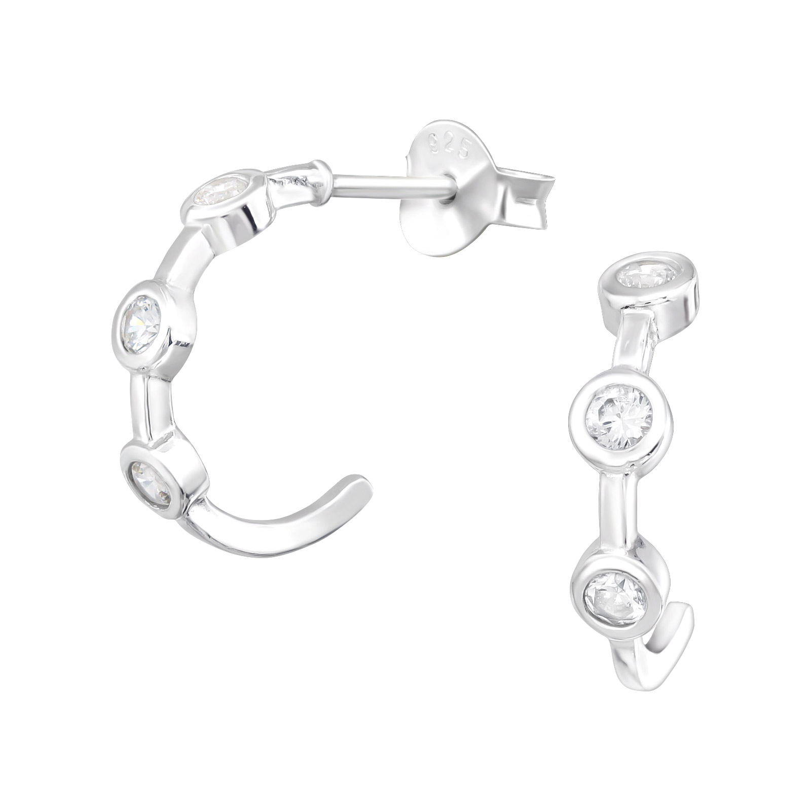 עגילי סטד מכסף קשת עם 3 קריסטלים לבנים