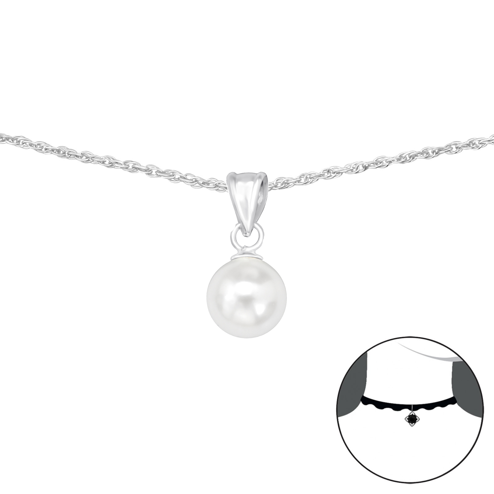 שרשרת מכסף צ'וקר - פנינה