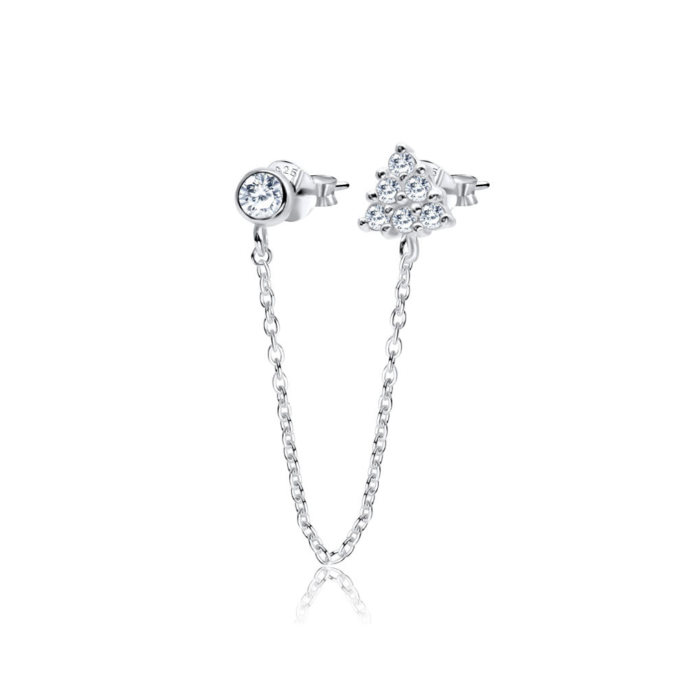 עגילים צמודים מכסף ושרשרת – משולש ועיגול עם קריסטלים לבנים