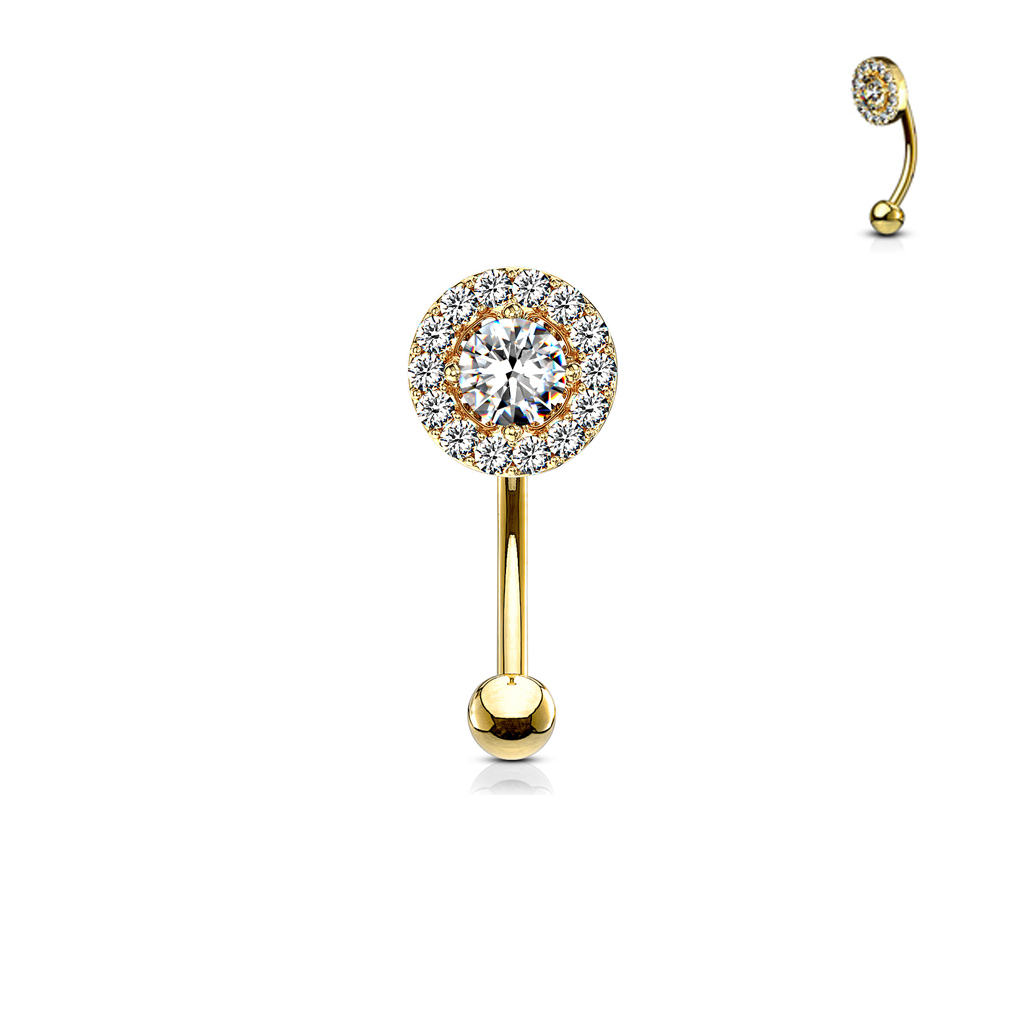 עגיל פירסינג בגבה / טבור מציפוי זהב - עיגול וקריסטלים לבנים