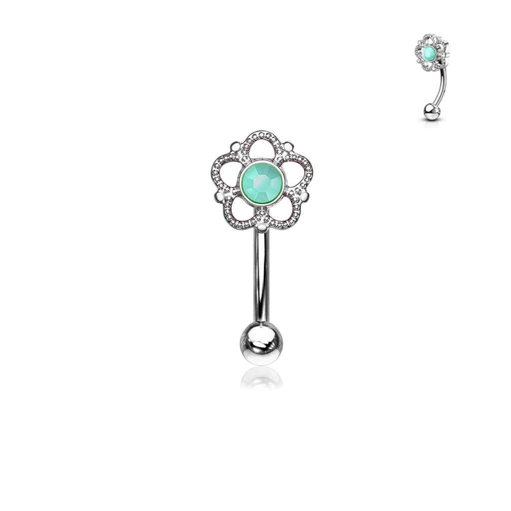עגיל פירסינג בגבה / טבור / רוק - פרח ואופל טורקיז