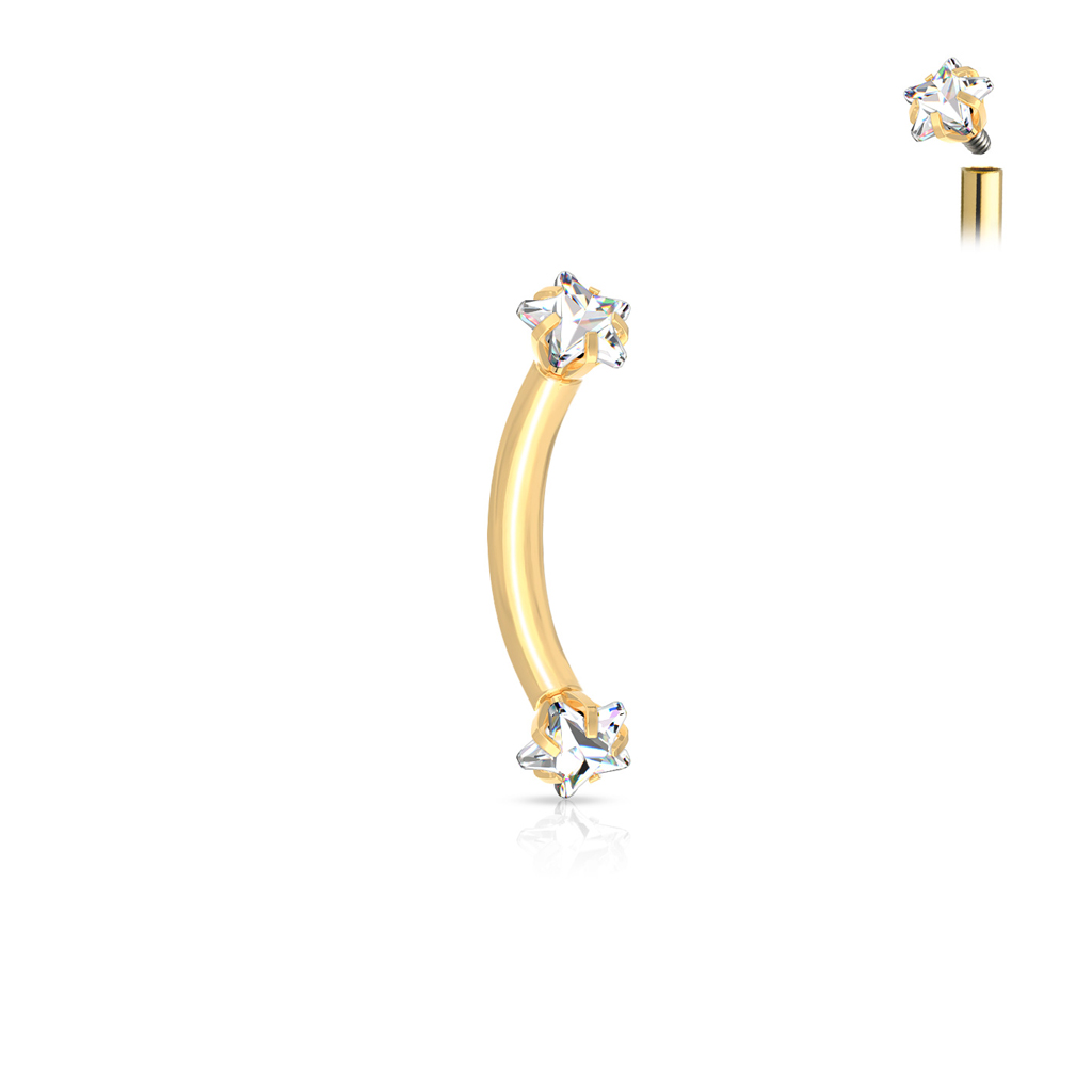 עגיל פירסינג בגבה /  רוק / דיית - בננה מציפוי זהב וכוכבים של קריסטלים לבנים