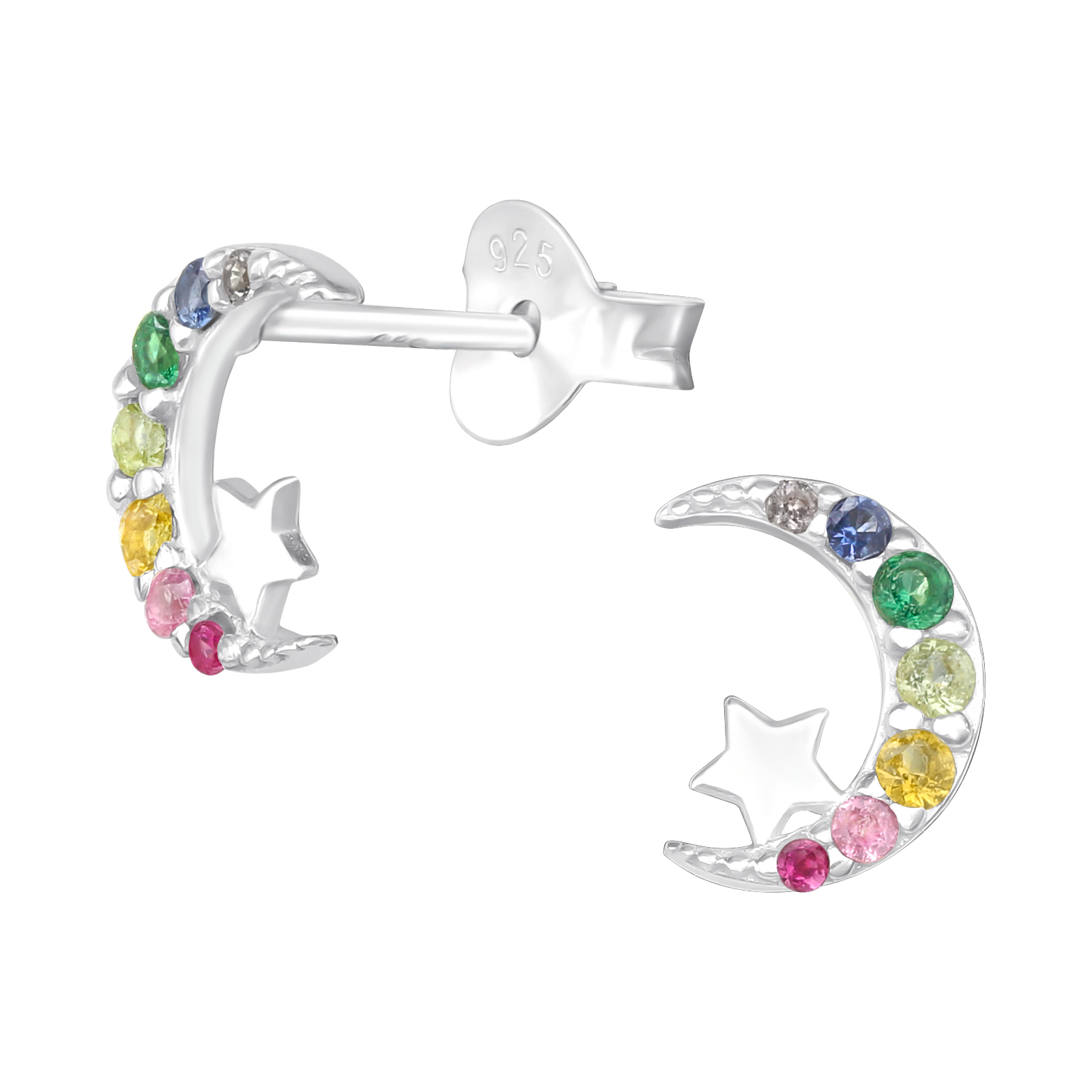עגילי סטד מכסף ירח וכוכב של קריסטלים צבעוניים