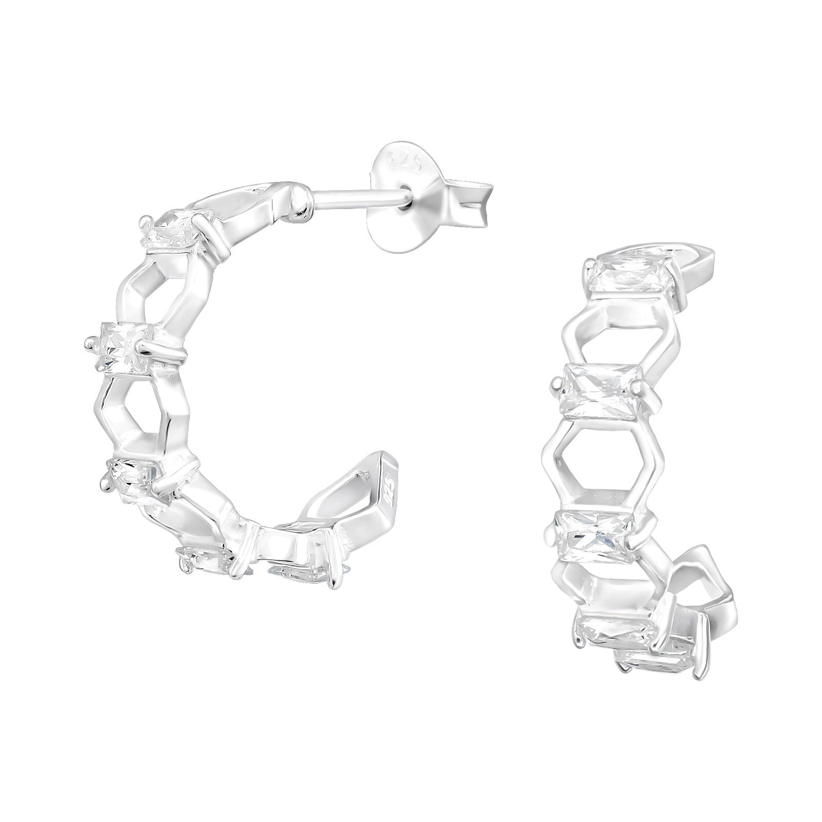 עגילים צמודים מכסף - קשת של משושים וקריסטלים לבנים 15 מ"מ