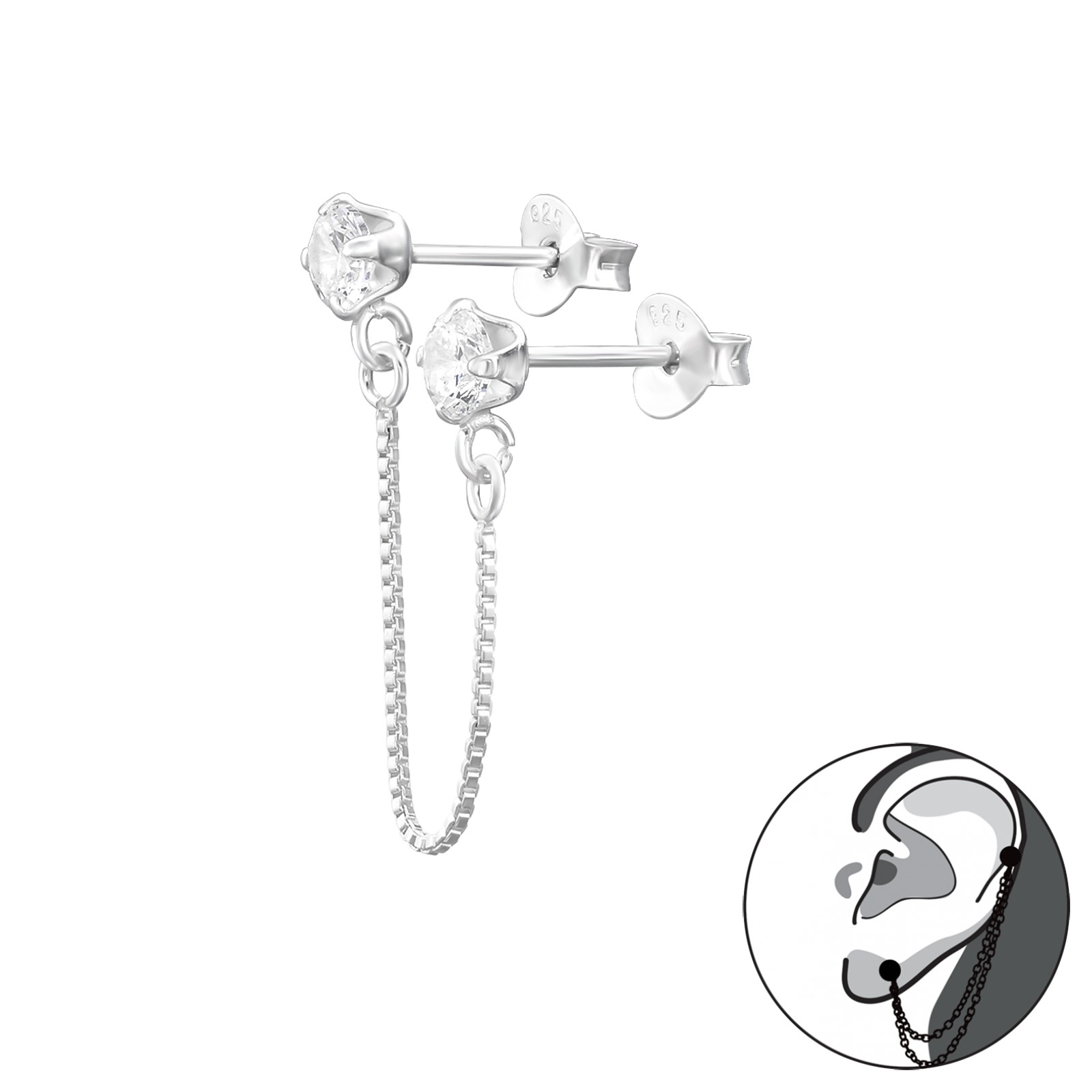 עגיל שרשרת מכסף 925 - 2 עיגולים זירקונים