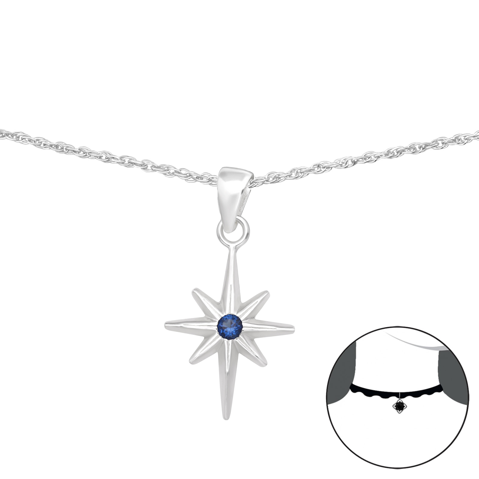 שרשרת מכסף צ'וקר - כוכב הצפון קריסטל כחול