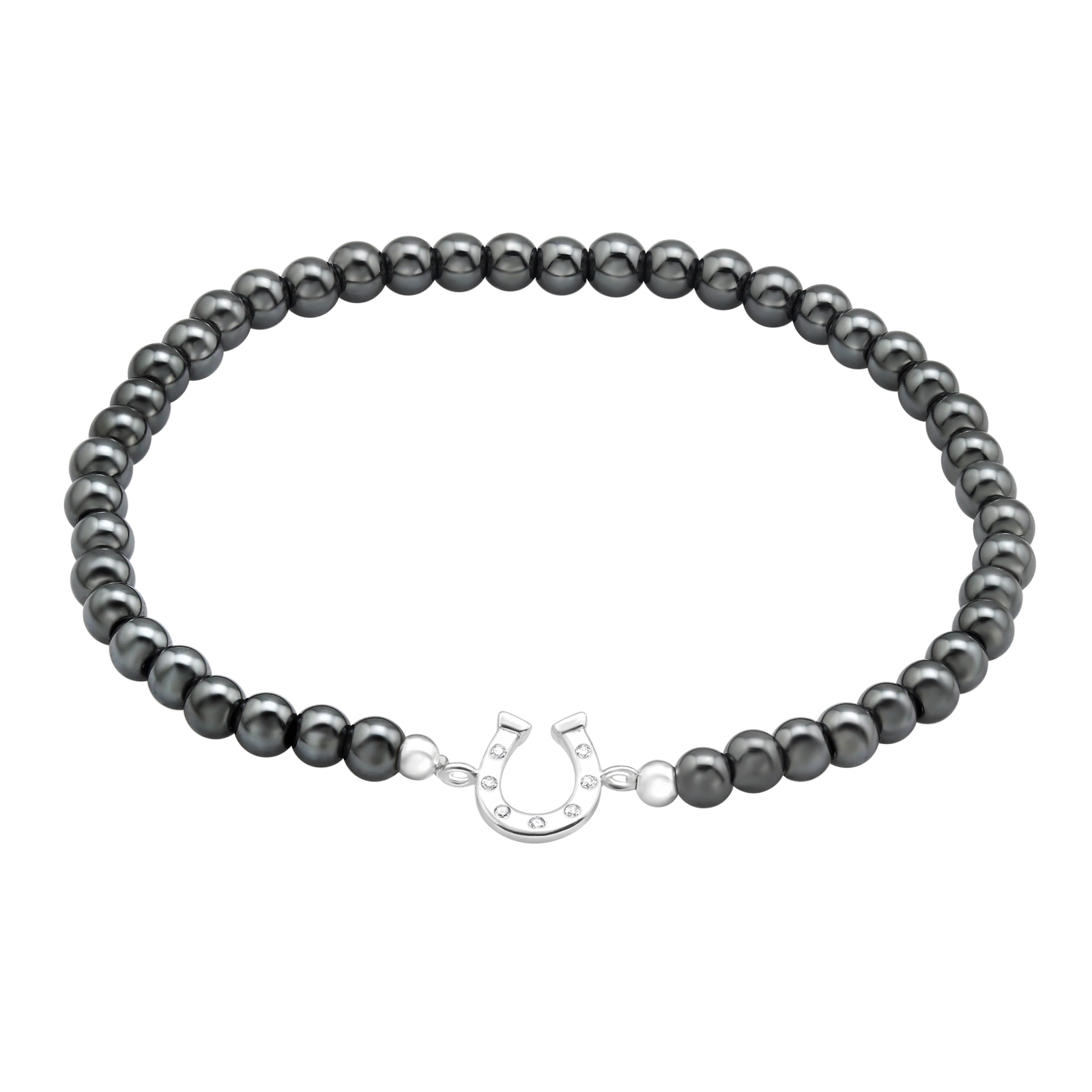 צמיד לגבר חרוזי אבן טבעית אפורים ותליון כסף פרסה וקריסטלים לבנים