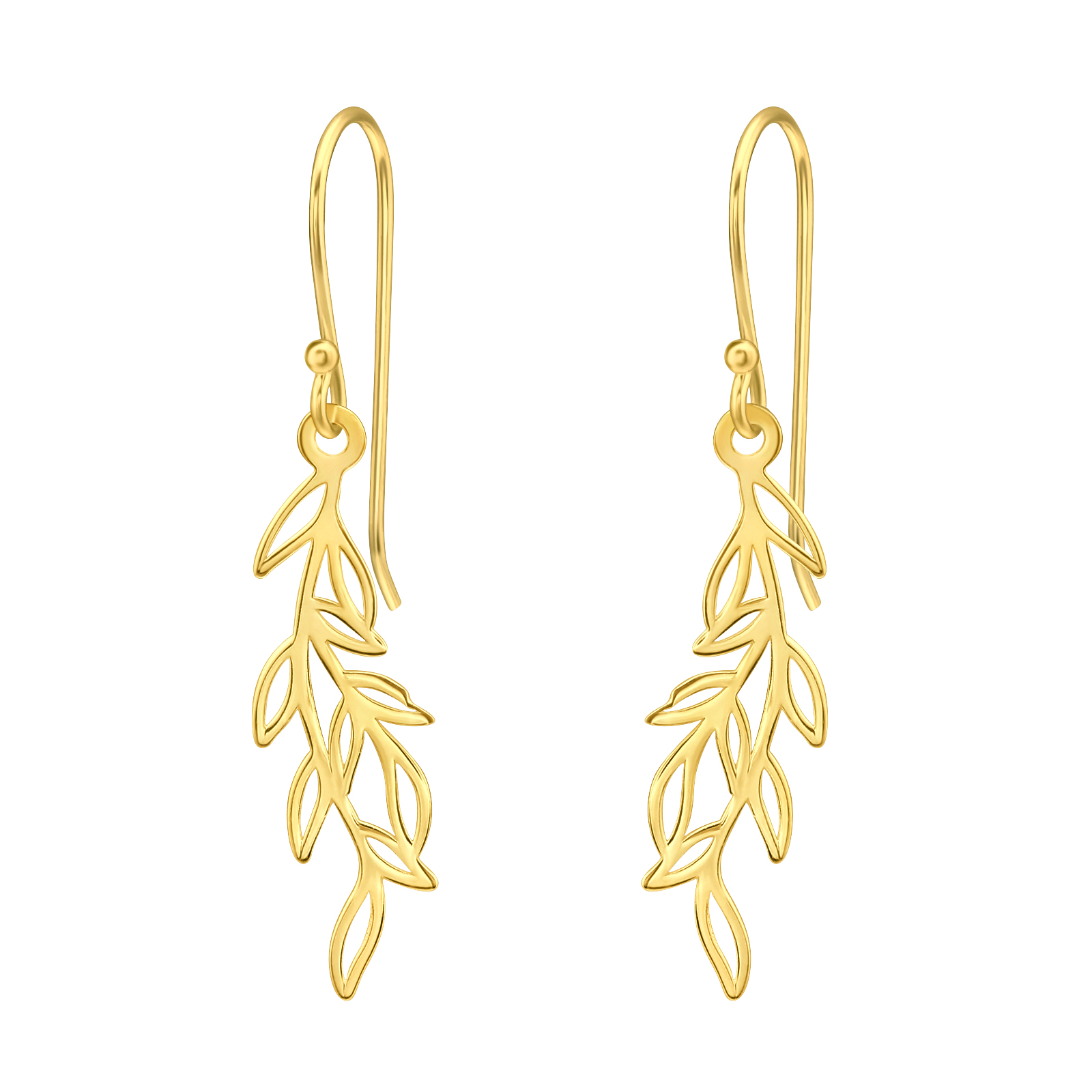 עגילים נתלים מכסף וציפוי זהב - גבעול ועלים