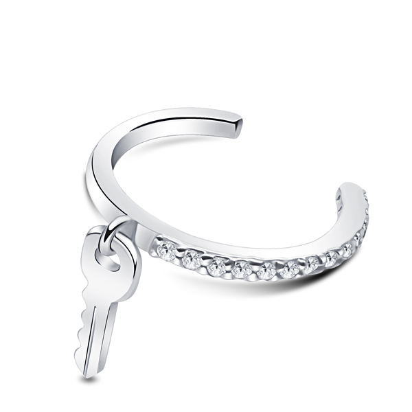 עגיל ללא חור קליפ מכסף מפתח וקריסטלים לבנים