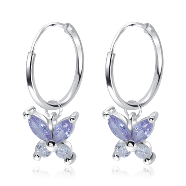 זוג עגילי חישוק מכסף - פרפר עם קריסטלים לבנדר ולבנים