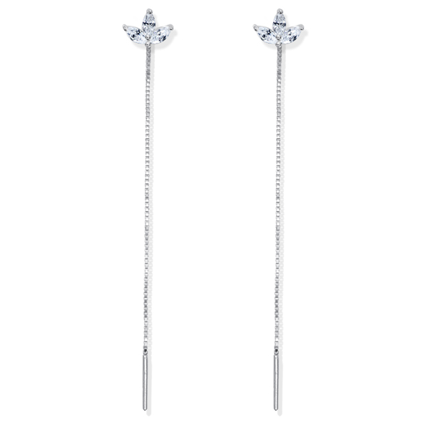 זוג עגילי שרשרת מכסף - פרח לוטוס וקריסטלים לבנים