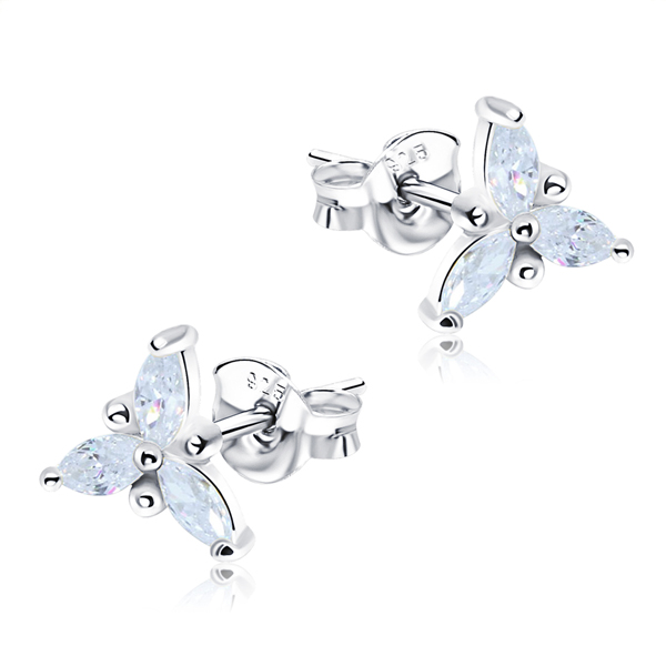 עגילים צמודים מכסף 925 – פרח עם קריסטלים לבנים