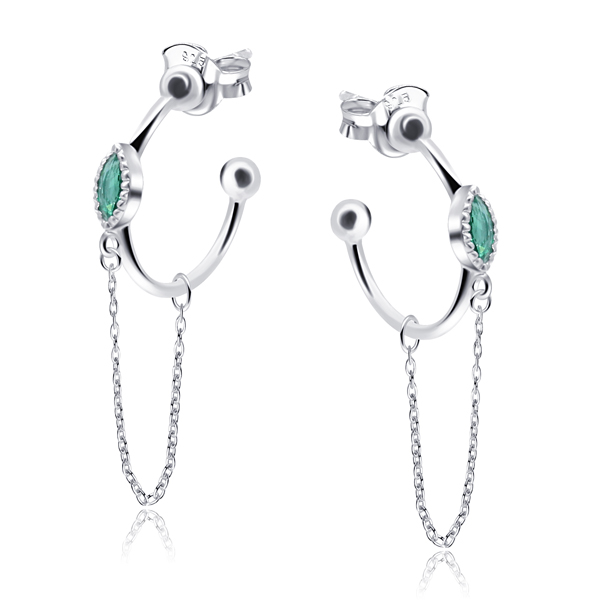 עגילים צמודים מכסף 925 – חישוק זירקון אמרלד ירוק ושרשרת