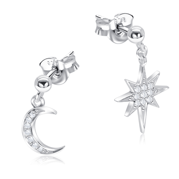 עגילים צמודים מכסף 925 – כוכב הצפון וירח עם קריסטלים לבנים