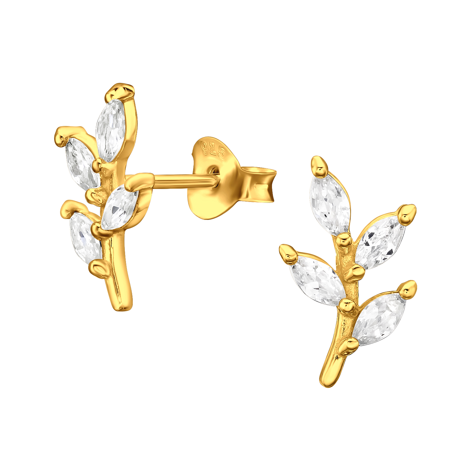 עגילים צמודים מכסף וציפוי זהב - גבעול ועלים של זירקונים לבנים