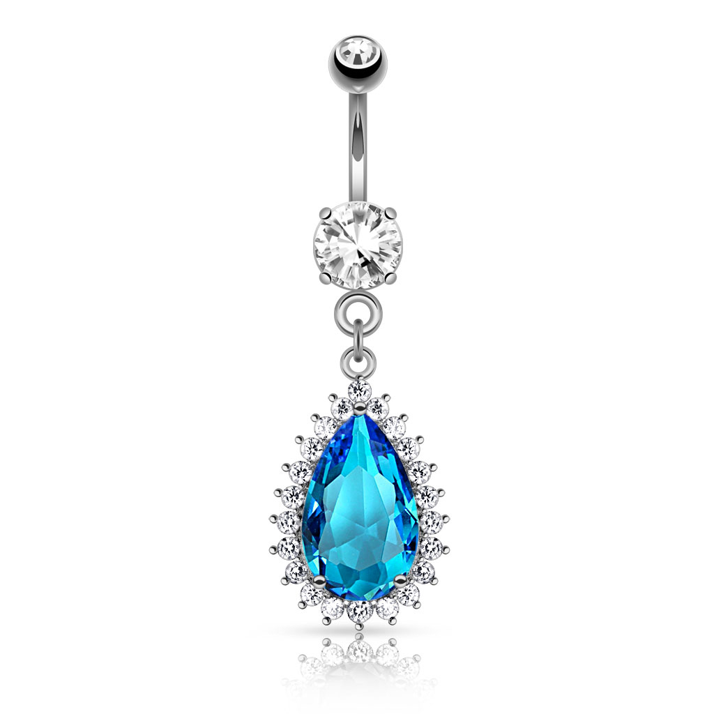 עגיל פירסינג בטבור - טיפה תכלת וקריסטלים לבנים