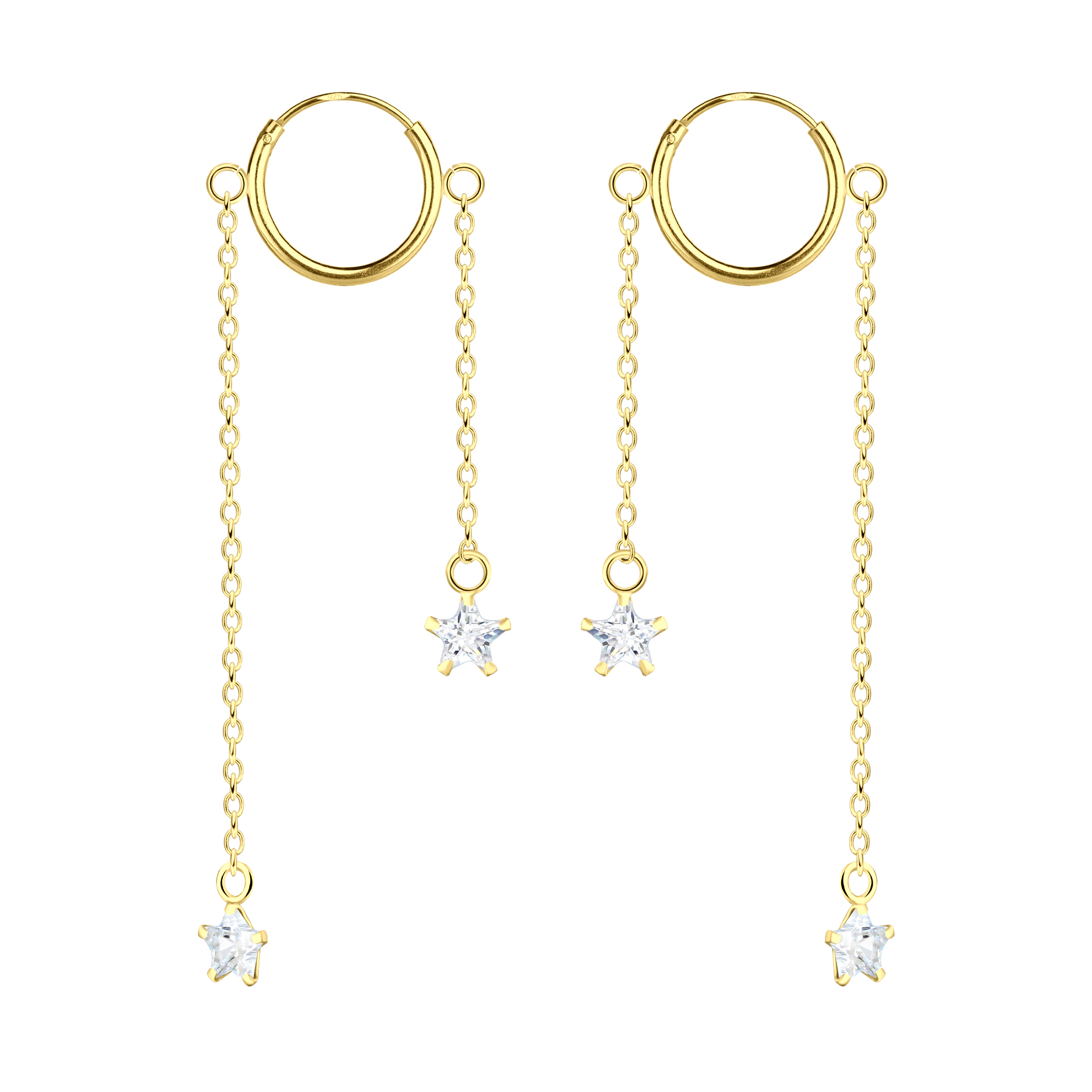 עגילי חישוק מכסף וציפי זהב - 2 שרשראות וכוכבים