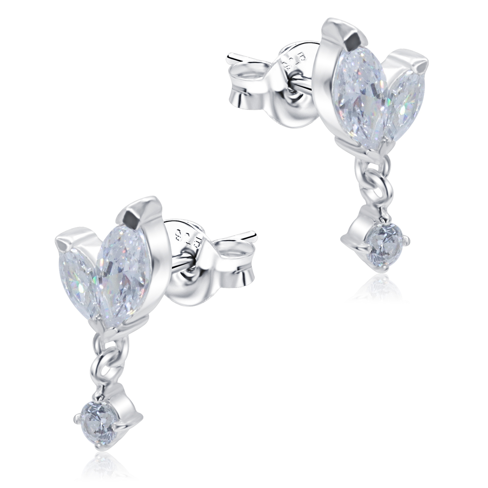 עגילים צמודים מכסף 925 – זירקונים דמוי עלים וקריסטל לבן נתלה